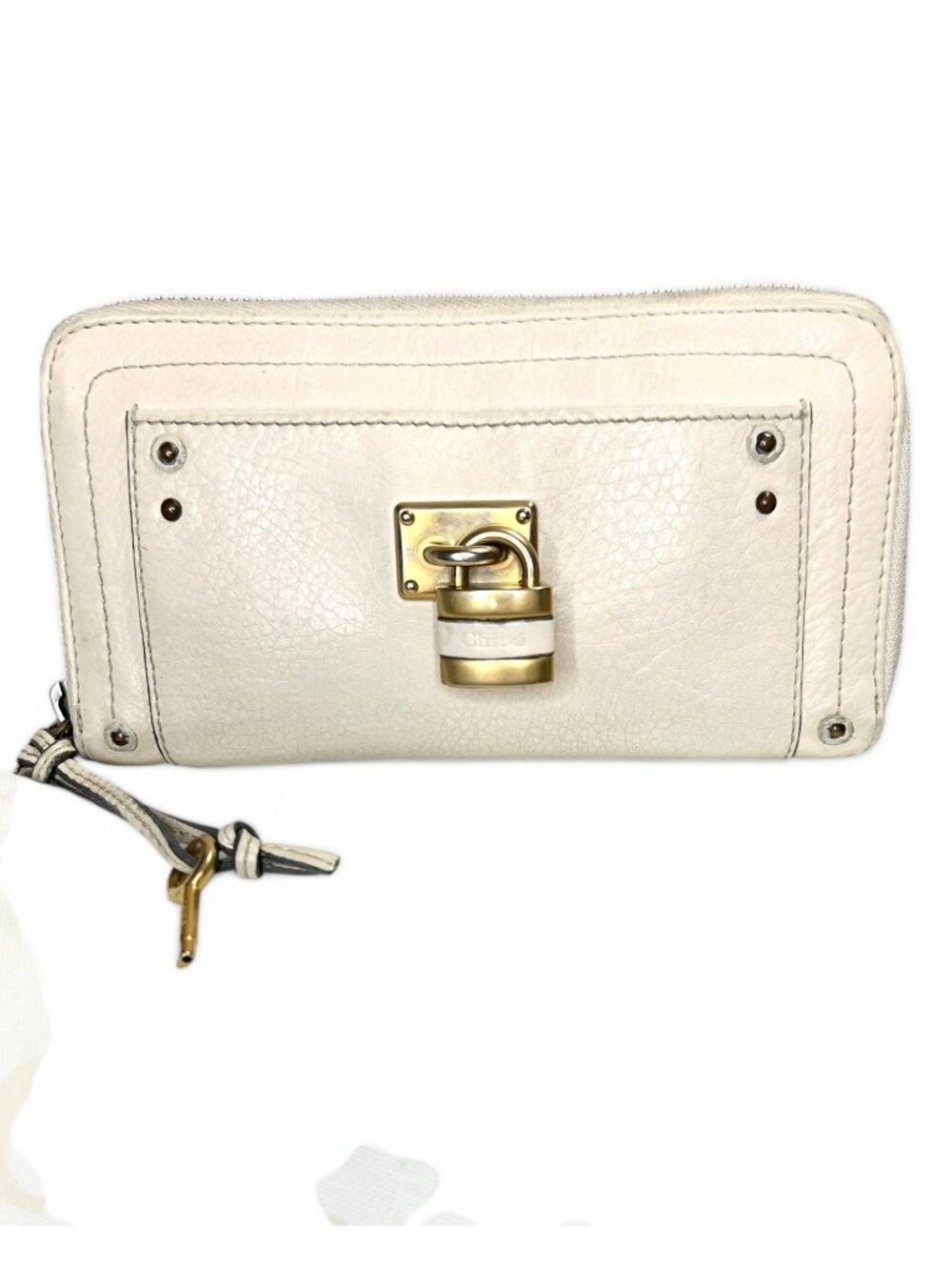 Chloé Paddington Off-White Leather Zip-Around Wallet With Gold Lock And Key